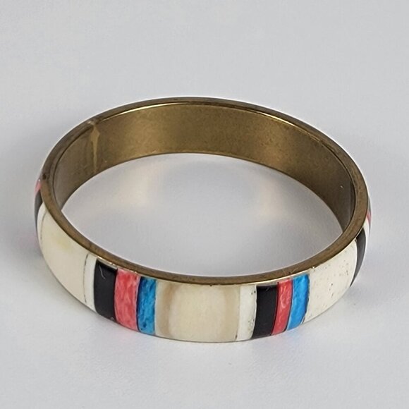 Vintage Natural Materials Overlay Brass Bangle Bracelet 8.25 In Multicolor - Picture 3 of 7
